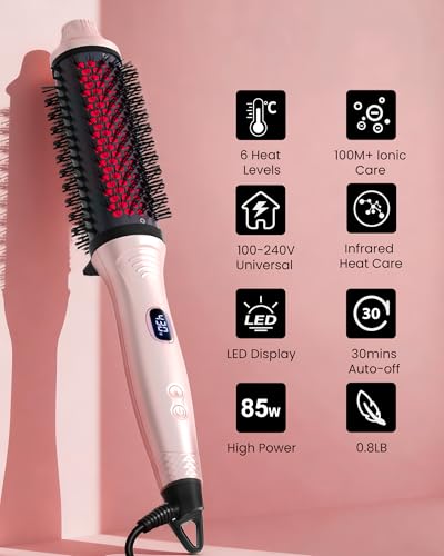 Infrared Thermal Round Hair Brush - Pink, 1.6 Inch Ionic Heated Styling Tool with 6 Heat Settings