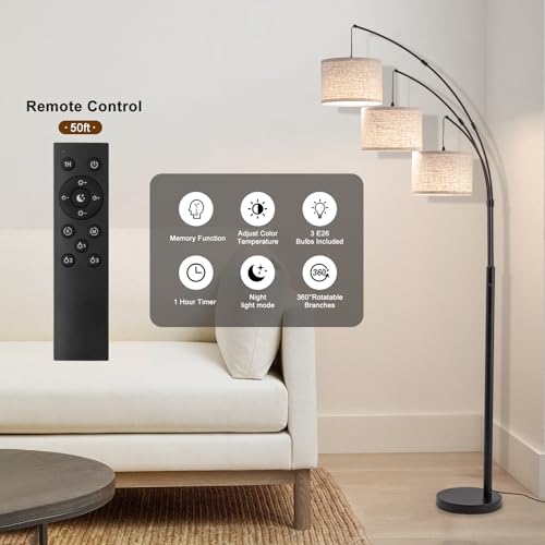 3 Light Arc Floor Lamp with Remote Control - Beige Shade & Black Pole, Adjustable & Dimmable