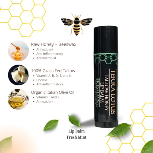 Organic Tallow Lip Balm (5 Pack) - Hydrating With Organic Italian Olive Oil, Pure Grass Fed Tallow, and Beeswax - Long Lasting Lip Therapy (5 Pack, Fresh Mint)