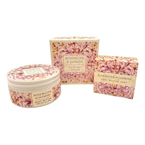 Greenwich Bay ROSEWATER JASMINE 3 Piece Beauty Gift Set of : BODY BUTTER, SPA SOAP, and DUSTING POWDER