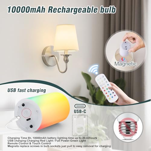 Nuanshued Nickel Battery-Operated Wall Sconces (2 Pack) with 1000mAh Dimmable LED Bulbs, Remote, 15 Colors