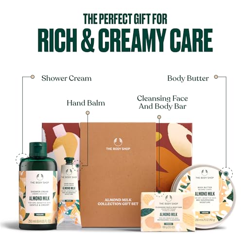 The Body Shop Almond Milk Collection Gift Set - 4 Piece Set, Shower Cream, Body Butter, Face & Body Bar, Hand Balm, Vegan