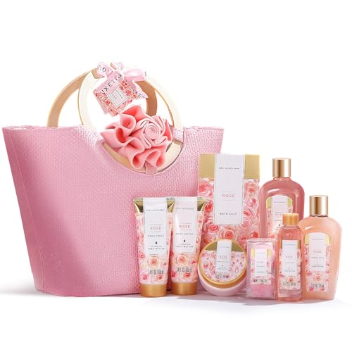 Spa Luxetique Gifts for Women - 10pc Rose Spa Basket, Deluxe Spa Tote Bag Bath Set with Wooden Handle, Bath Salt, Hand Soap, Body Butter, Christmas Gifts for Women