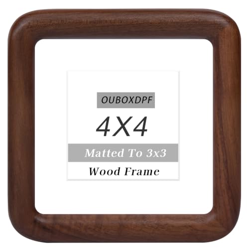 Wooden 4x4 Picture Frame with Mat - Walnut Rounded Corner Photo Frame for Wall or Tabletop Display