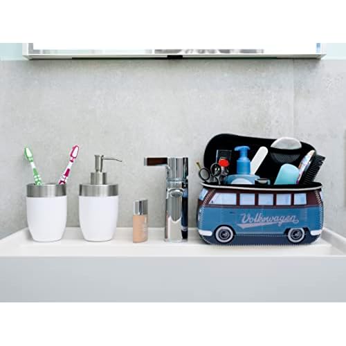 BRISA VW Collection - Volkswagen Neoprene Universal Makeup Cosmetics Toiletry Travel Pharmacy Bag in T1 Bus Design (Petrol/Brown) (Small (9.1 x 4.3 x 3.1 inches))