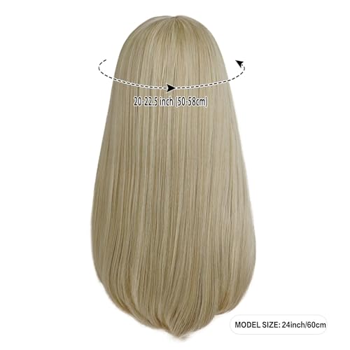 24 Inch Blonde Long Straight Wig with Bangs for Women - Cosplay & Daily Wear - Natural Synthetic Fiber