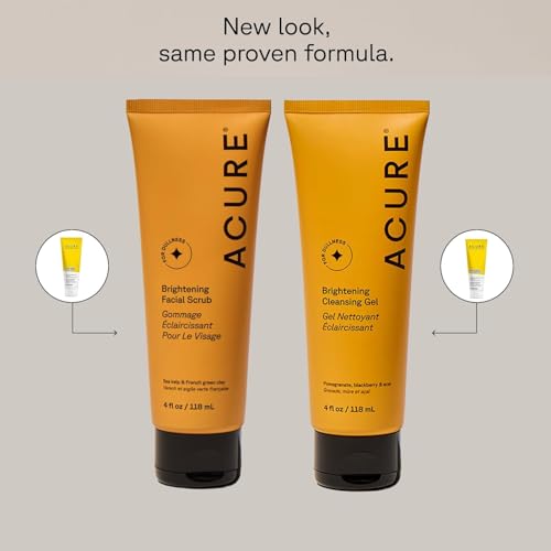 Acure Brightening Facial Scrub & Cleansing Gel Set - 4 Fl Oz Pack of 2 - Exfoliating & Gentle Cleanser for All Skin Types