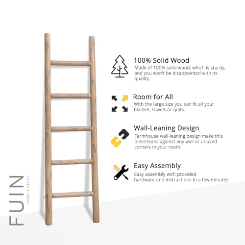 Rustic Solid Wood Blanket Ladder - 57 Inch Farmhouse Decorative Ladder with Brown Finish - Medium Knock Down