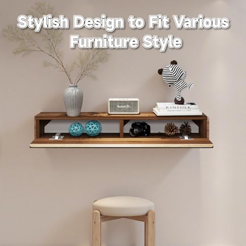 Floating Solid Wood Console Table Wall Mount with Storage Shelf - Walnut, 80cm