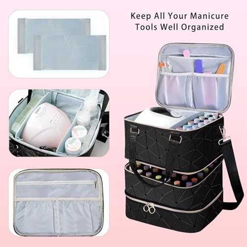 Yttriuny Black Nail Polish Organizer with UV Lamp & Manicure Tools, Holds 84 Bottles