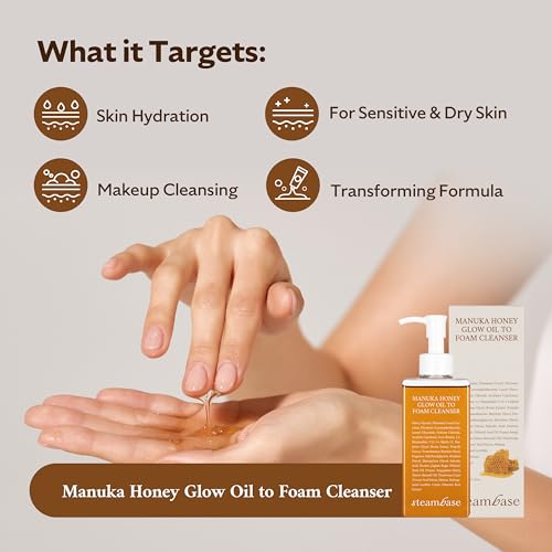 STEAMBASE Manuka Honey Glow Oil to Foam | Daily Makeup Remover and Cleanser, Hydrating Foaming Face Wash for Dry Skin, Double Cleanse | Korean Facial Oil Cleanser, 7.27 fl oz