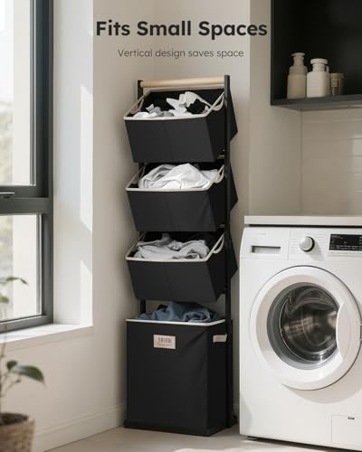 SOLEDI 4-Tier Vertical Laundry Hamper Sorter for Small Spaces - Black