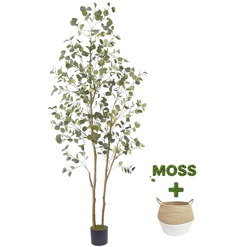 8ft Artificial Eucalyptus Tree with Woven Basket – Realistic Faux Indoor Outdoor Plant