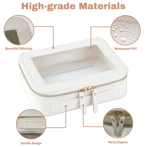 Clear Makeup Bag Organizer Set,Portable Travel Toiletry Case for Women, Vegan Leather Cosmetic Pouch Car Bag for Essentials 2pcs,Middle & Large,Beige