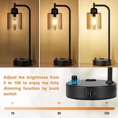 Industrial Bedside Lamps Set of 2 - Amber Glass Shade, Fully Dimmable with USB C & A Ports, Black Table Lamps for Bedroom & Living Room - Variation: Amber