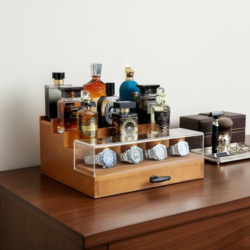 Cologne and Watch Organizer Walnut Brown ? Wooden Perfume Display Stand with Jewelry Storage Drawer, Velvet Lining, Hidden Compartment ? Large Cologne Holder ? Gift Box Included
