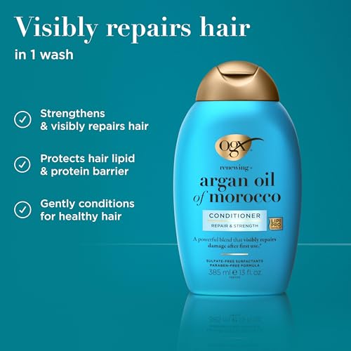 OGX Renewing + Argan Oil of Morocco Conditioner, Repair Conditioner & Argan Oil Helps Strengthen & Repair Dry, Damaged Hair, Paraben-Free, Sulfate-Free Surfactants, 13 fl. oz