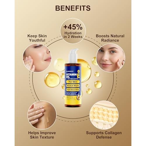 Pure Vitamin E Oil for Skin 10 fl oz, Organic Lightweight Vitamin E Oil for Scar, Stretch Marks, Fast-Absorbing Body Oil Moisturizing and Firming Skin, Cold Pressed-300ml