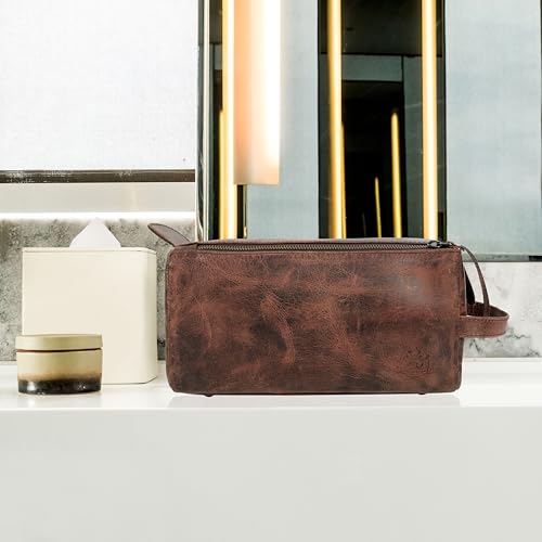 Dark Brown Full Grain Leather Men’s Travel Toiletry Bag with Dual Compartments