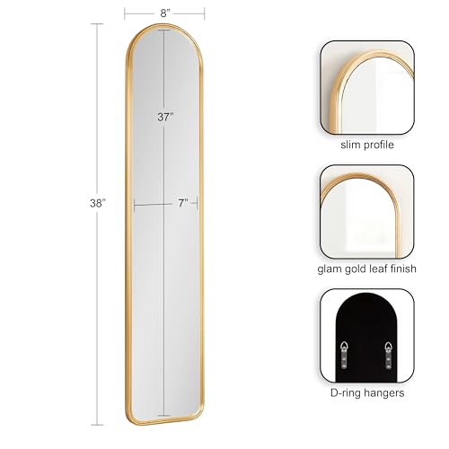 Slim Gold Arched Wall Mirror - 8x38 Inch Tall Entryway Bedroom Decor