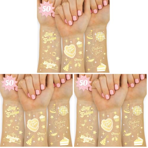 Gold Temporary Tattoos Pack of 3 - 50 Styles for Birthday Party Favors, Girl Celebration, Fun Accessories - Medium