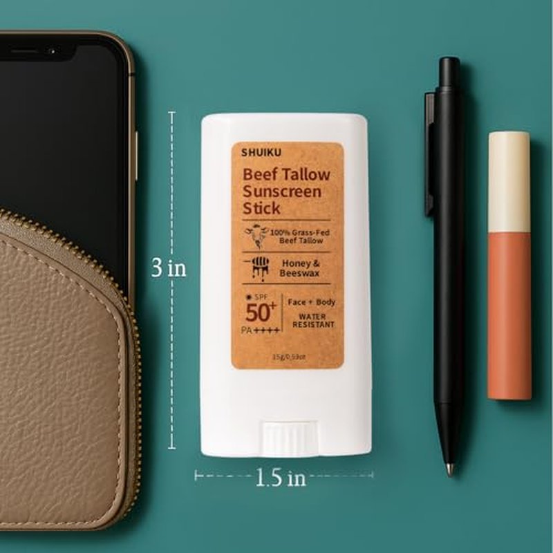 Beef Tallow Sunscreen Organic Stick SPF 50 ? Tallow-Based Mineral Sunscreen with Honey & Beeswax for Face & Body, Water-Resistant Natural Sunblock, 0.53 oz