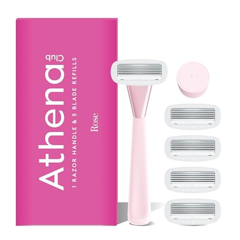 Athena Club Women¡¯s Razor Kit, 5-Blade Cartridge Razor for Sensitive Skin, Serum-Infused Blades with Shea Butter and Hyaluronic Acid, Includes Handle, 5 Refills and Magnetic Shower Hook - Rose