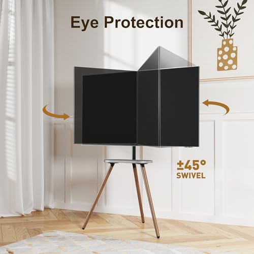 ECOTINY Black Walnut Tripod TV Stand for 43-65 Inch TVs with Swivel & Shelf