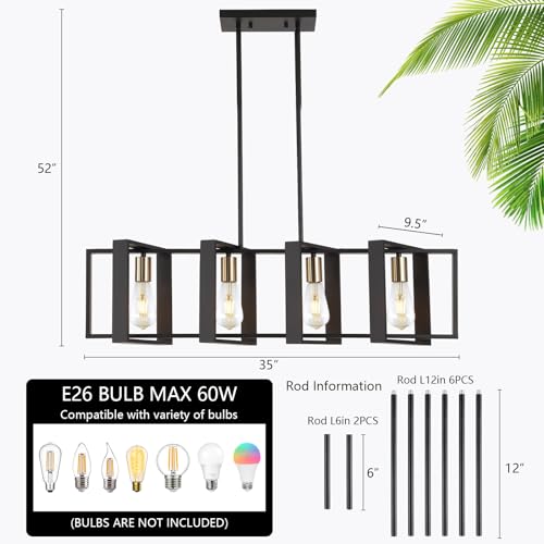 9MMML 35.4in Black Wood & Metal Kitchen Island Pendant Light 4 Lights, Adjustable Height