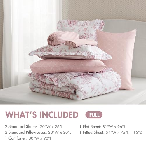 Pink Floral Comforter Set with Sheets - Full Size 7pc Reversible Bedding
