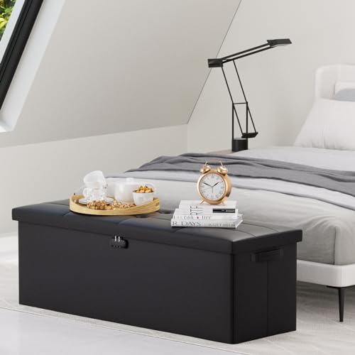 Fireproof Waterproof Storage Ottoman Bench with Lock - 43x15x15 Black