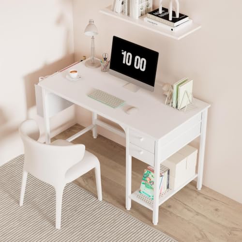 Lufeiya White Small 39.4-Inch Computer Desk with Drawers for Home Office