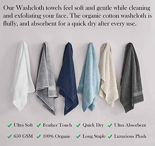 White Organic Cotton Washcloths Pack of 6 - Luxurious, Ultra-Absorbent Face Towels