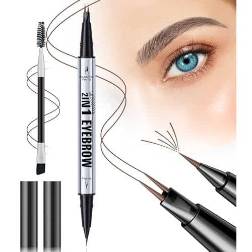 Microblading Eyebrow Pen, Eyebrow Pencil Brown Hair Like Natural Liquid Brow Contouring Pen, 2-in-1 Dual-Ended Long Lasting Eye Brow Filler Pencil with Precise 2 Micro-Fork-Tip (Brown)