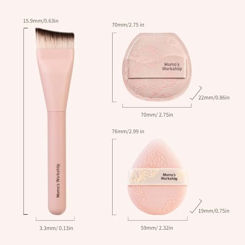 Makeup Brush & Sponge Set Rosy Reverie Satin Rose Edition K - 3-Piece Kit for Flawless Foundation & Powder