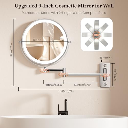 Wall Mounted Lighted Makeup Mirror with 20X Magnification, Rechargeable LED Lights & Extendable Arm