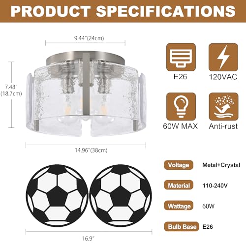 Xeruyiwa Nickel Brushed Nickel 3-Light Hammered Glass Semi-Flush Ceiling Light