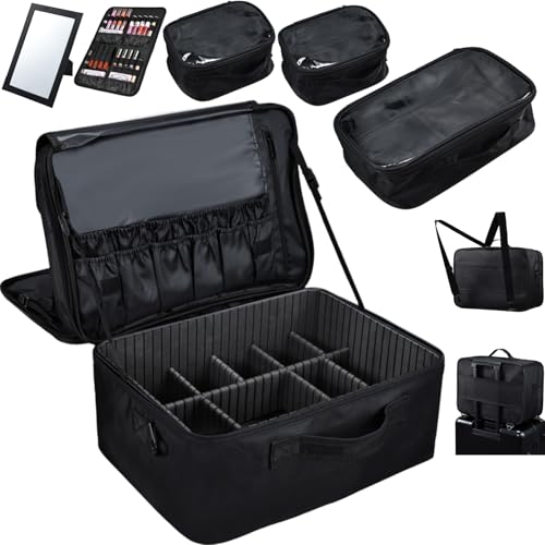 Adazzo Extra Large Makeup Case 8.5¡± Deep Professional Cosmetic Organizer Box Brush Holder with 3 Clear Set Bags/Lipstick Plate for Makeup Artists with Shoulder Strap/Adjustable Dividers/Luggage Sleeve