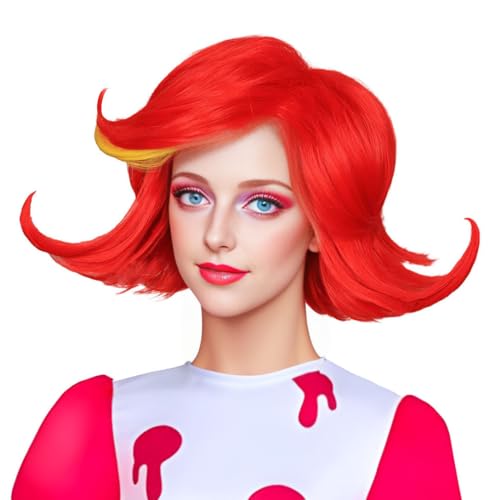 Medium Red and Yellow Cosplay Wig for Women Halloween Costume - Variation of Red with Yellow