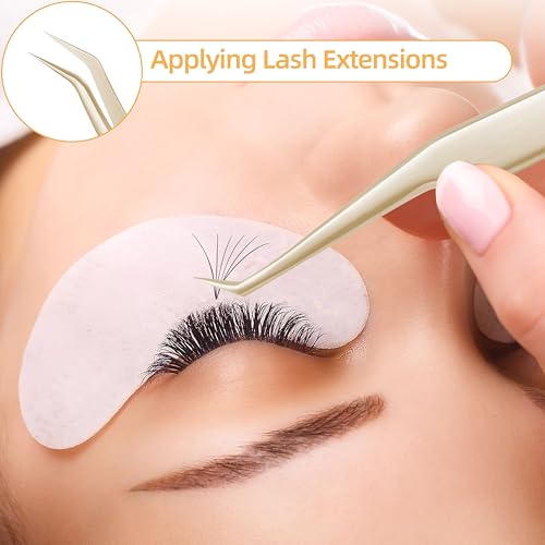 MGER Eyelash Extension Tweezers, Professional Curved Pointed Isolation Tweezers for Classic Individual Volume Mink Lash Extensions, Pointed Tweezers Stainless Lash Extensions, Gold tweezers