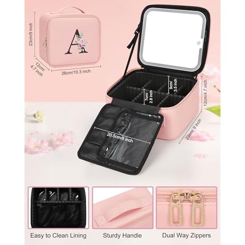Relavel Initial Makeup Bag with LED Mirror for Women Girls, Personalized Travel Cosmetic Organizer Train Case, Birthday Gifts for Grandkids Bridesmaid Graduation Teacher Friends, Trendy Stuff, Pink K