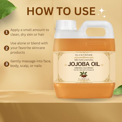 ISLA & FONTANE Jojoba Oil ? 1L (33.8 fl oz) | 100% Pure & Natural | Golden, Unrefined, Cold Pressed | Hexane-Free Carrier Oil for Skin, Hair, Face, Nails & Body Moisturizing