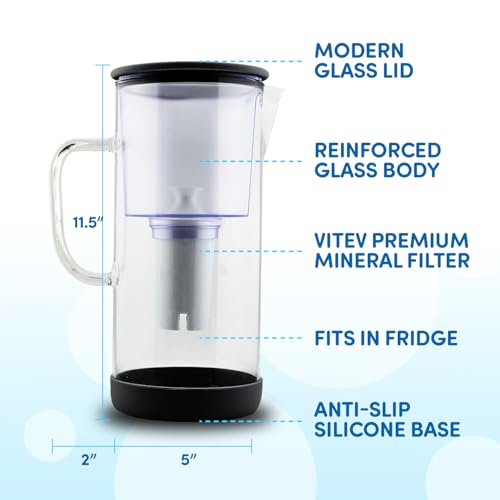 Vitev Black Glass Pitcher with Mineral pH Filter - Fridge Friendly & Durable
