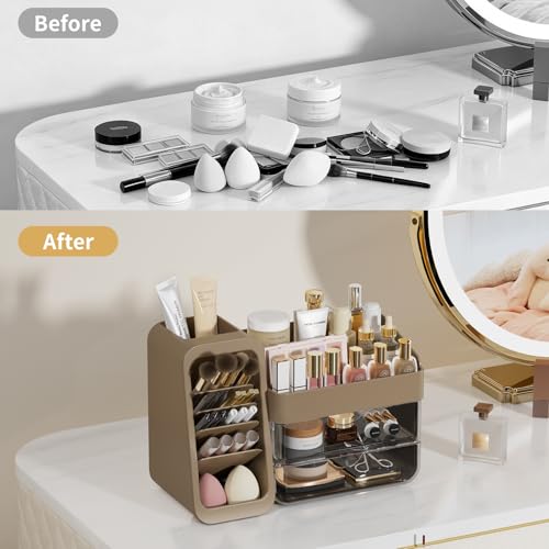 Countertop Makeup & Skincare Organizer with Adjustable Brush Holder - Taupe