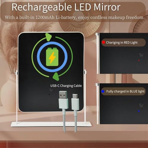 White 14x12 Inch LED Vanity Mirror with Lights, Dimmable Touch Control, Cordless Rechargeable Design