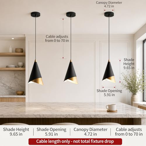 MODIVO 3-Pack Black and Gold Pendant Lights for Kitchen Island - Modern Conical Design, E26 Socket, Indoor Dry Use