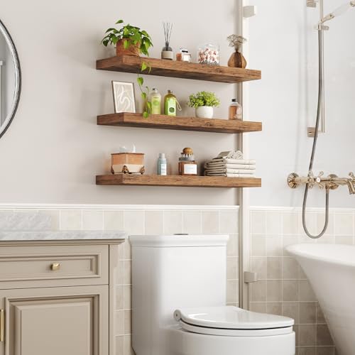 Rustic Brown Floating Wall Shelves Set of 3 - 31.5 Inch Thick Wall Storage with Invisible Brackets