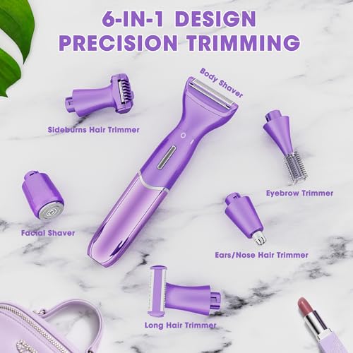 Karrte 6-in-1 Electric Razor for Women's Pubic Hair, Painless Body Shaver and Facial Epilator, Hair Removal for Face, Bikini Trimmer for Women's Private Area Purple