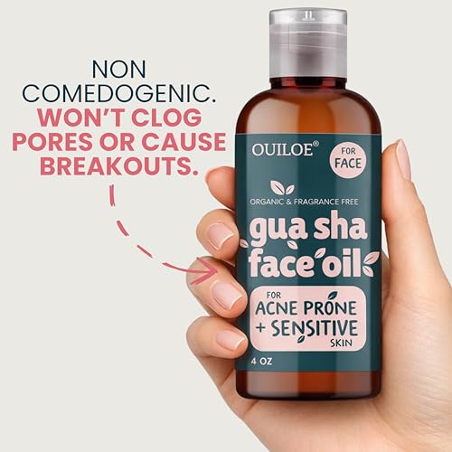 Gua Sha Oil for Sensitive and Acne Prone Skin - Non Comedogenic Face Oil for Gua Sha Massage - Unscented Lymphatic Drainage Oil for Face - Non Greasy, Natural, Lightweight, 4oz