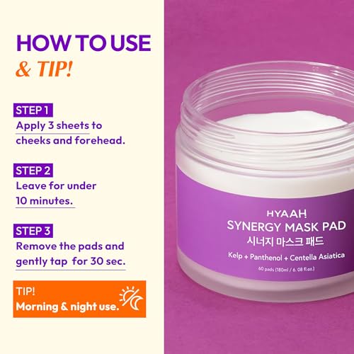 Synergy Mask Pad - Korean Face Toner Pads with Kelp Seaweed Extract, Cica, Panthenol and Ectoin - Calming, Hydrating, Pore Refining - Soft Cotton Pad for Sensitive Skin, 60 Pads
